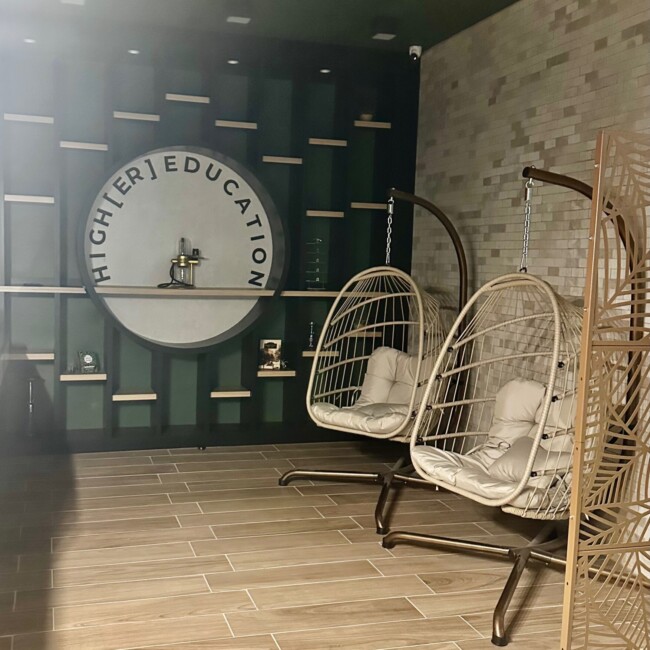 a sitting area at the other side dispensary